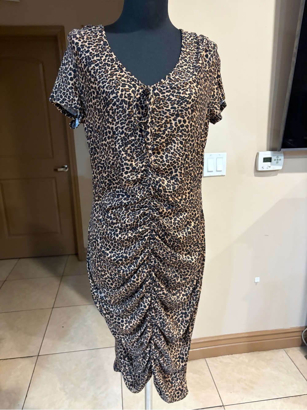 Leopard Print Ruched Midi Dress - Brown